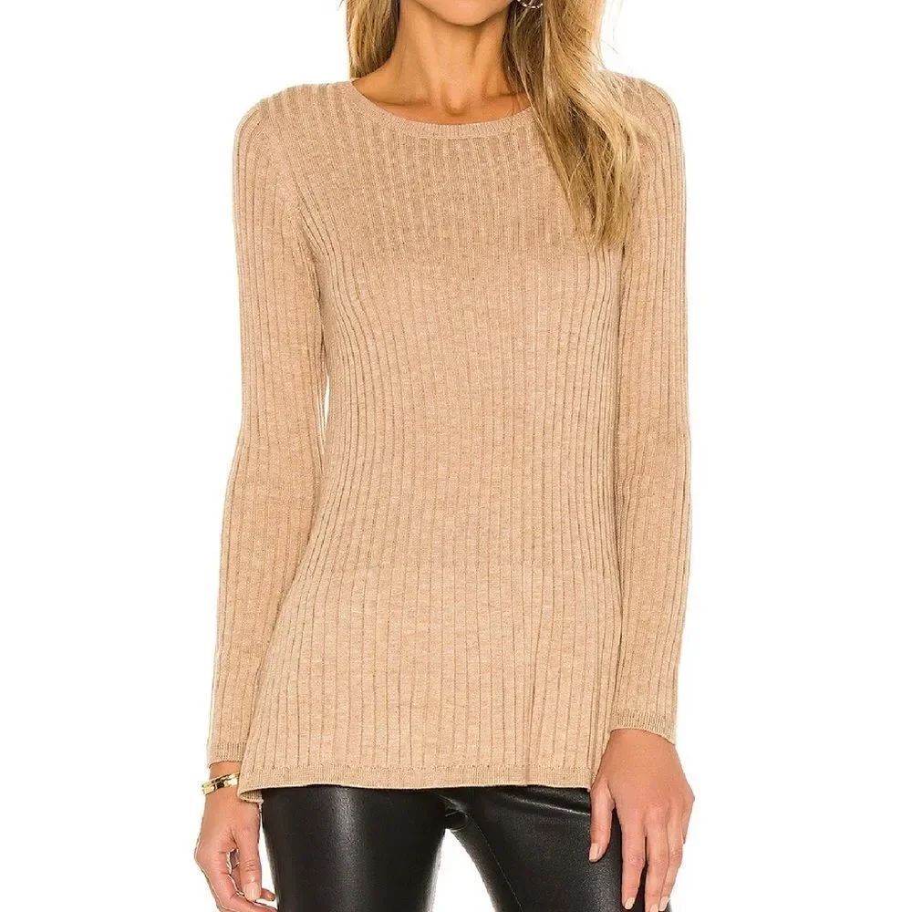 Tan Knit Wool Blend Ribbed Pullover